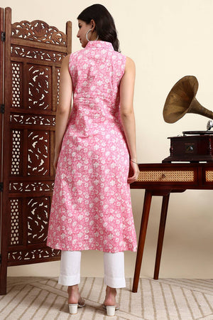 Pink Floral Printed Cotton Anarkali Kurti