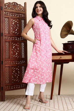 Pink Floral Printed Cotton Anarkali Kurti