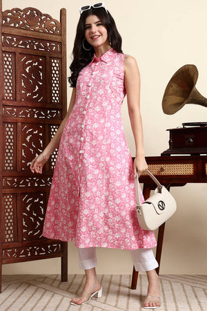 Pink Floral Printed Cotton Anarkali Kurti