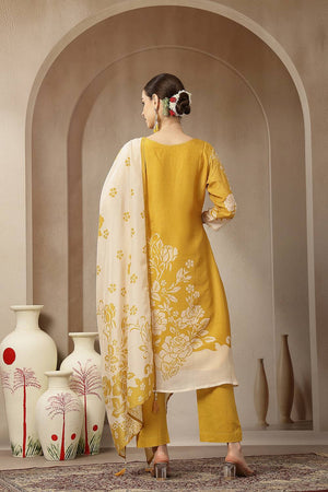 Yellow Floral Printed Silk Straight Cut Suit Set