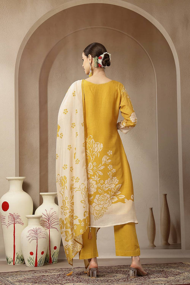 Yellow Floral Printed Silk Straight Cut Suit Set