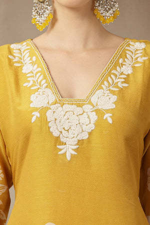 Yellow Floral Printed Silk Straight Cut Suit Set