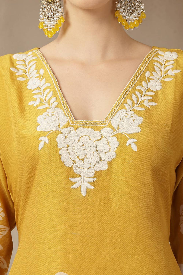 Yellow Floral Printed Silk Straight Cut Suit Set