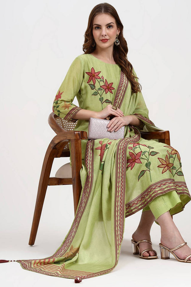 Green Embroidered Silk Straight Cut Suit Set