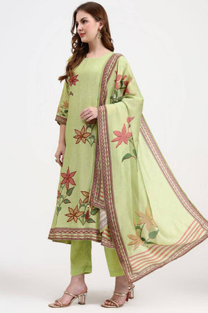 Green Embroidered Silk Straight Cut Suit Set