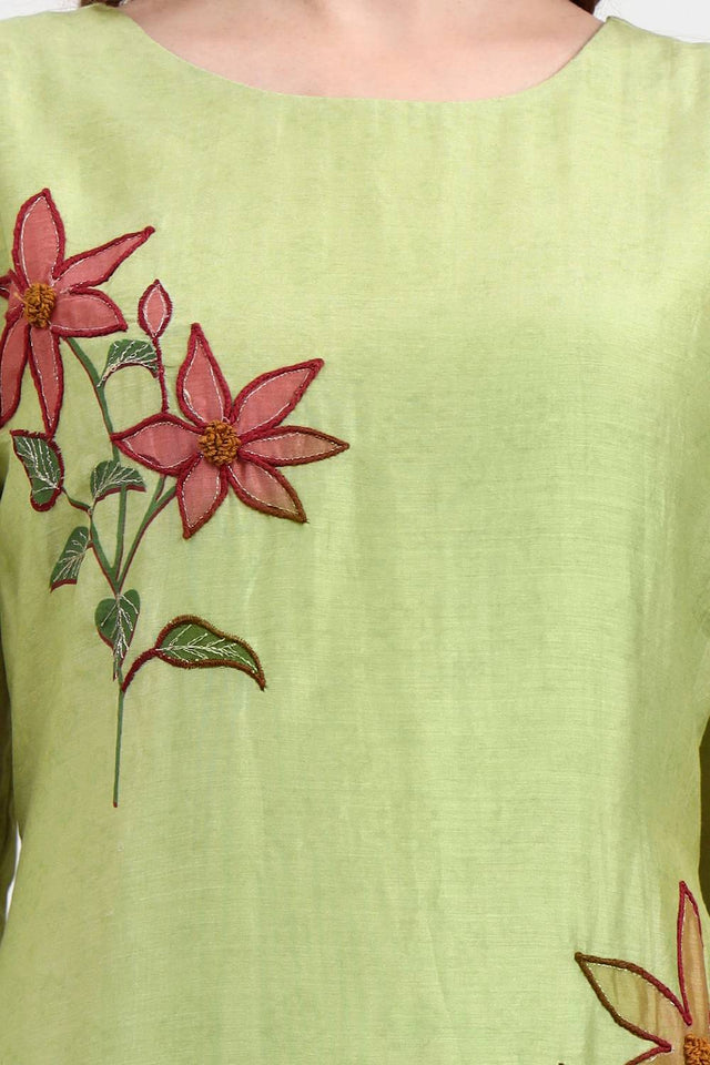 Green Embroidered Silk Straight Cut Suit Set