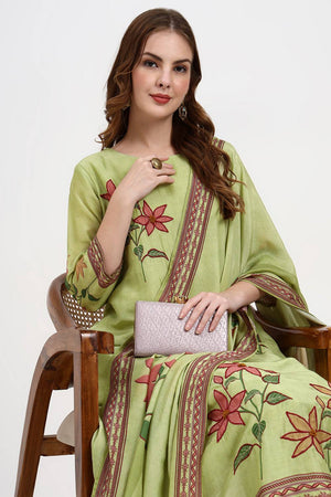 Green Embroidered Silk Straight Cut Suit Set