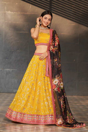 Yellow Sequins Georgette Lehenga Choli With Dupatta ('8001)