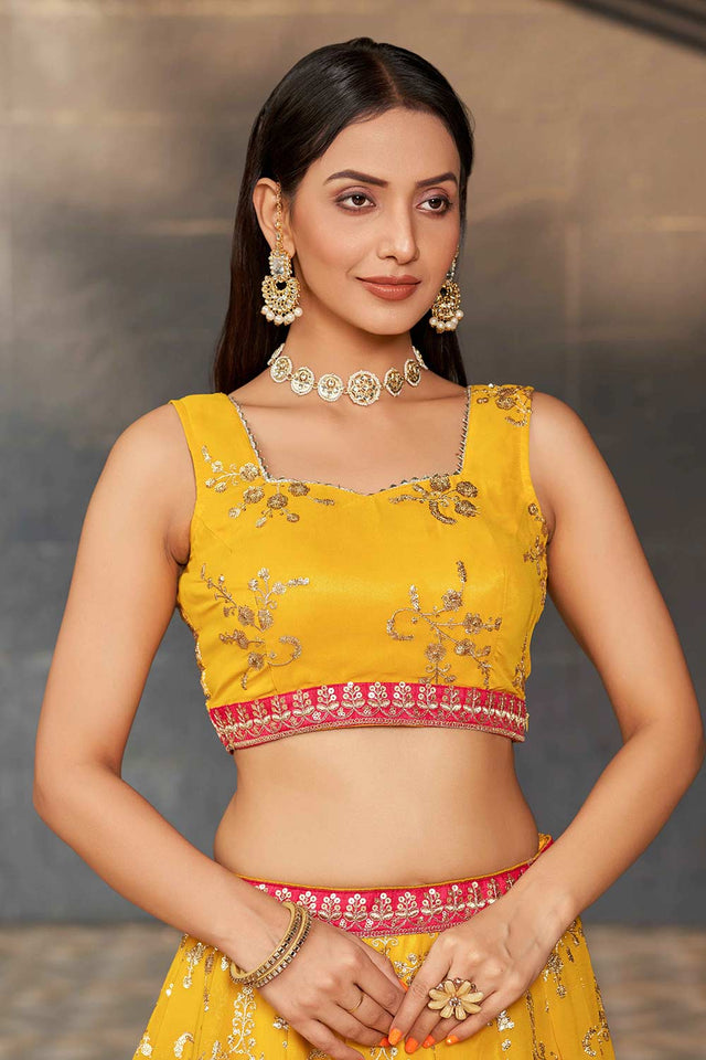Yellow Sequins Georgette Lehenga Choli With Dupatta ('8001)
