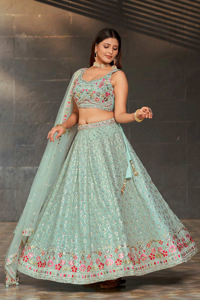 Blue Sequins Georgette Lehenga Choli With Dupatta ('8002)