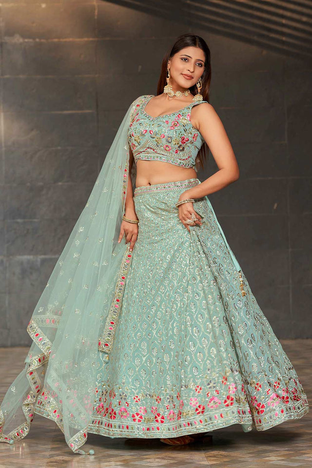 Blue Sequins Georgette Lehenga Choli With Dupatta ('8002)