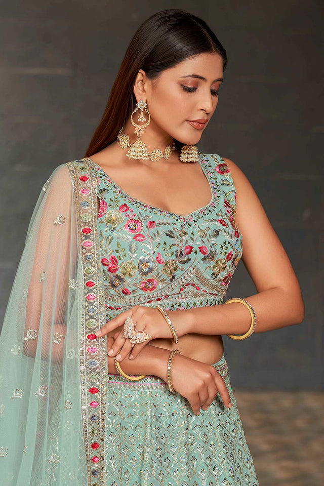 Blue Sequins Georgette Lehenga Choli With Dupatta ('8002)