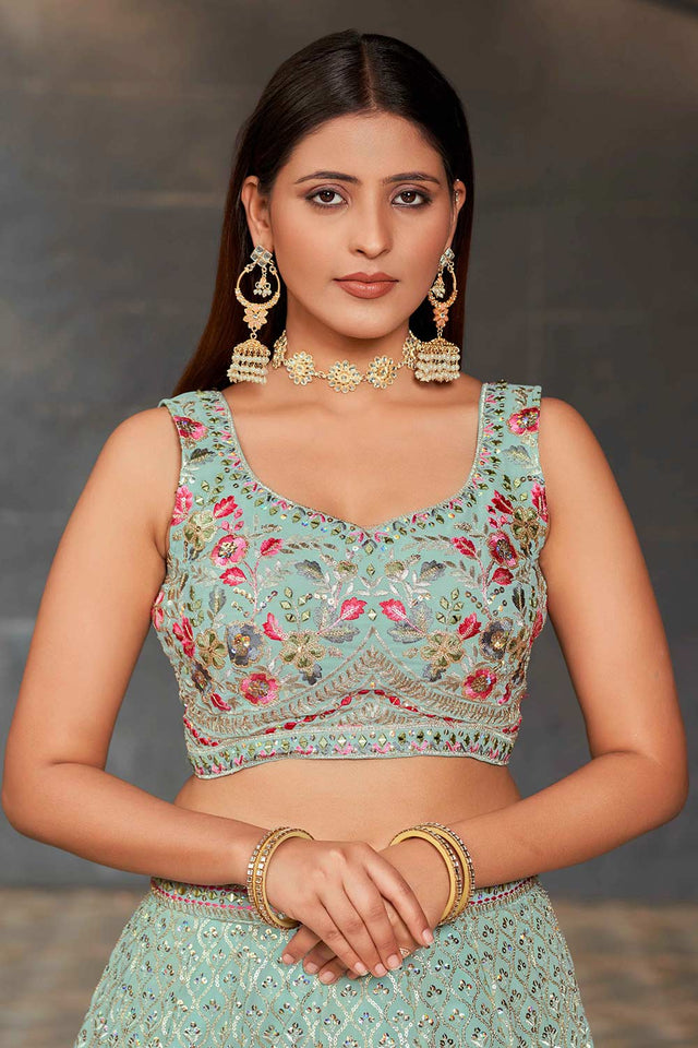 Blue Sequins Georgette Lehenga Choli With Dupatta ('8002)