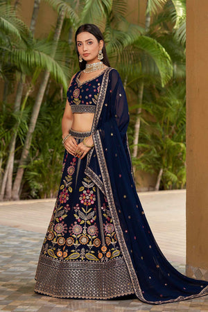 Navy Blue Sequins Georgette Lehenga Choli With Dupatta ('8003)