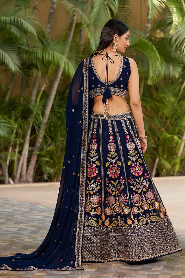 Navy Blue Sequins Georgette Lehenga Choli With Dupatta ('8003)