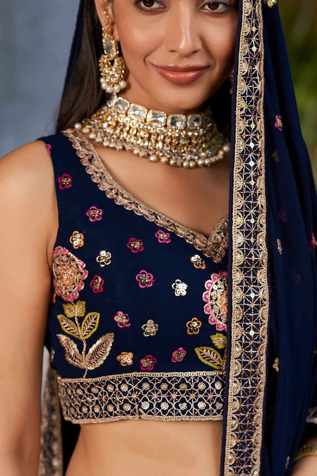 Navy Blue Sequins Georgette Lehenga Choli With Dupatta ('8003)