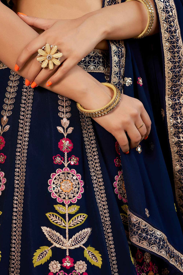 Navy Blue Sequins Georgette Lehenga Choli With Dupatta ('8003)