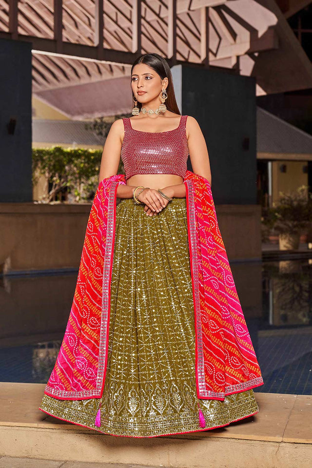 Olive Sequins Georgette Lehenga Choli With Dupatta ('8004)