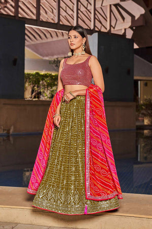Olive Sequins Georgette Lehenga Choli With Dupatta ('8004)