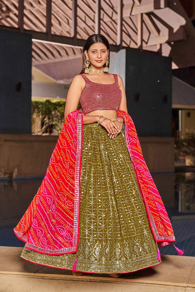 Olive Sequins Georgette Lehenga Choli With Dupatta ('8004)
