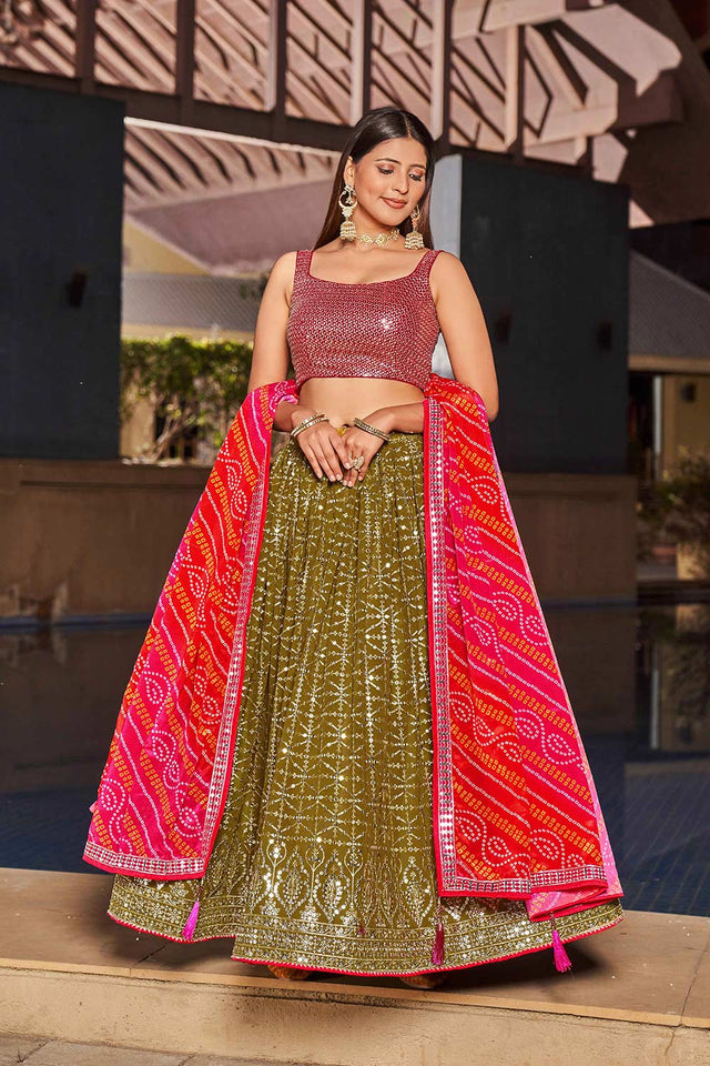 Olive Sequins Georgette Lehenga Choli With Dupatta ('8004)