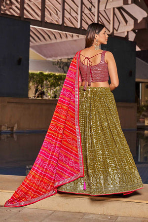 Olive Sequins Georgette Lehenga Choli With Dupatta ('8004)