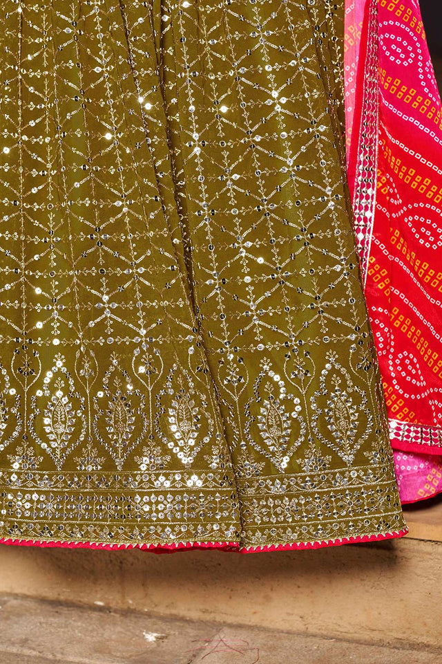 Olive Sequins Georgette Lehenga Choli With Dupatta ('8004)