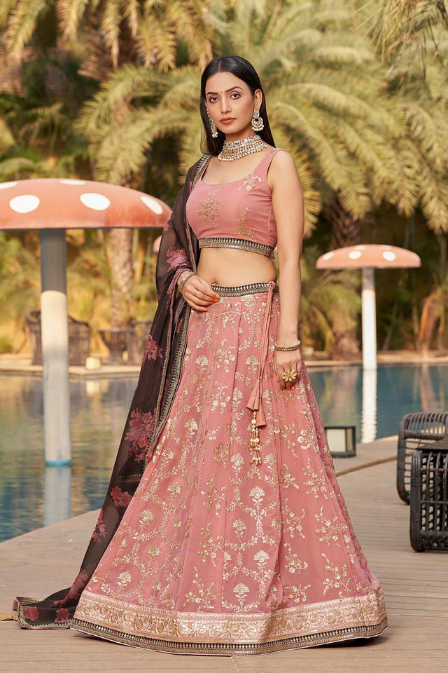 Pink Sequins Georgette Lehenga Choli With Dupatta ('8005)