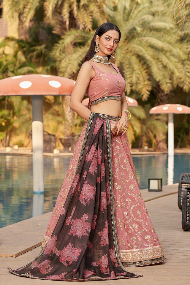 Pink Sequins Georgette Lehenga Choli With Dupatta ('8005)
