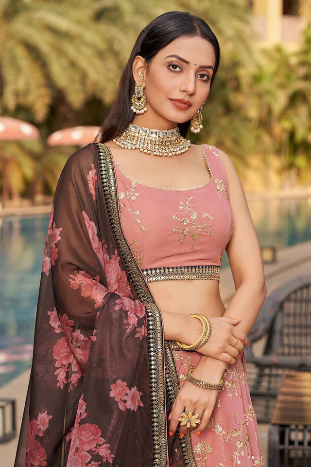 Pink Sequins Georgette Lehenga Choli With Dupatta ('8005)