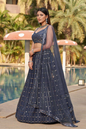 Dark Grey Sequins Georgette Lehenga Choli With Dupatta ('8006)