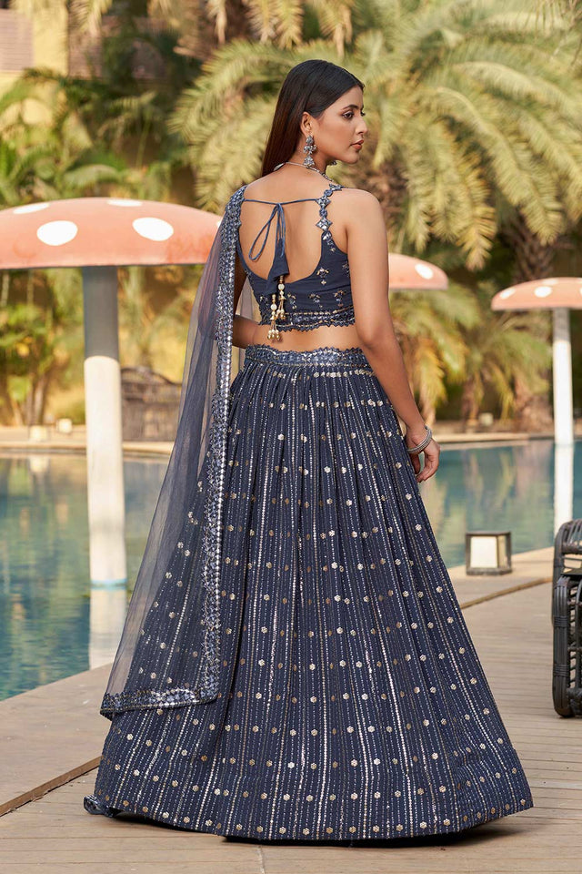 Dark Grey Sequins Georgette Lehenga Choli With Dupatta ('8006)