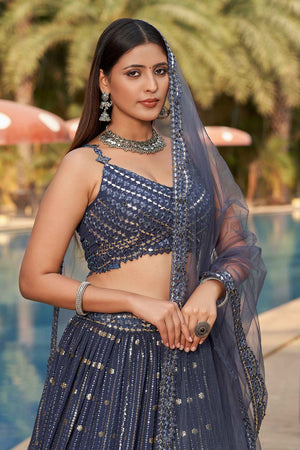 Dark Grey Sequins Georgette Lehenga Choli With Dupatta ('8006)