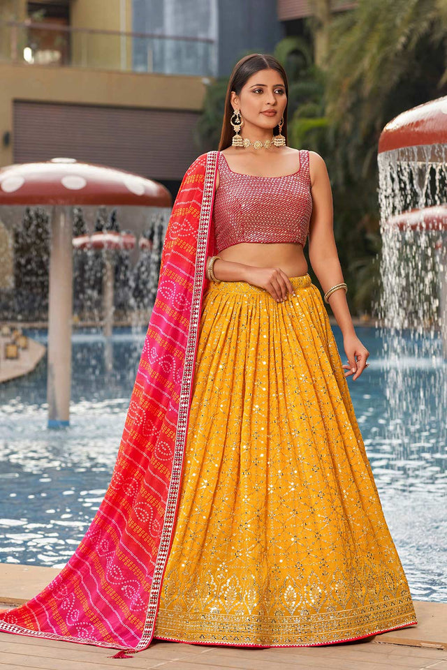 Yellow Sequins Georgette Lehenga Choli With Dupatta ('8008)