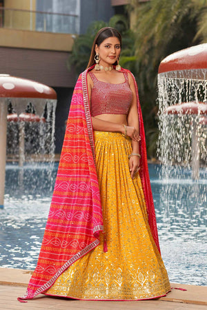Yellow Sequins Georgette Lehenga Choli With Dupatta ('8008)