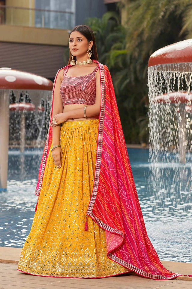 Yellow Sequins Georgette Lehenga Choli With Dupatta ('8008)