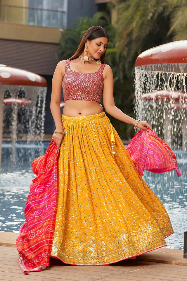 Yellow Sequins Georgette Lehenga Choli With Dupatta ('8008)