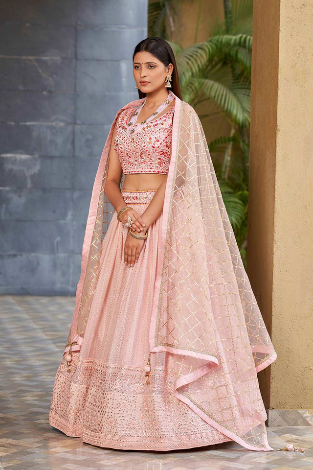 Pink Sequins Georgette Lehenga Choli With Dupatta ('8009)