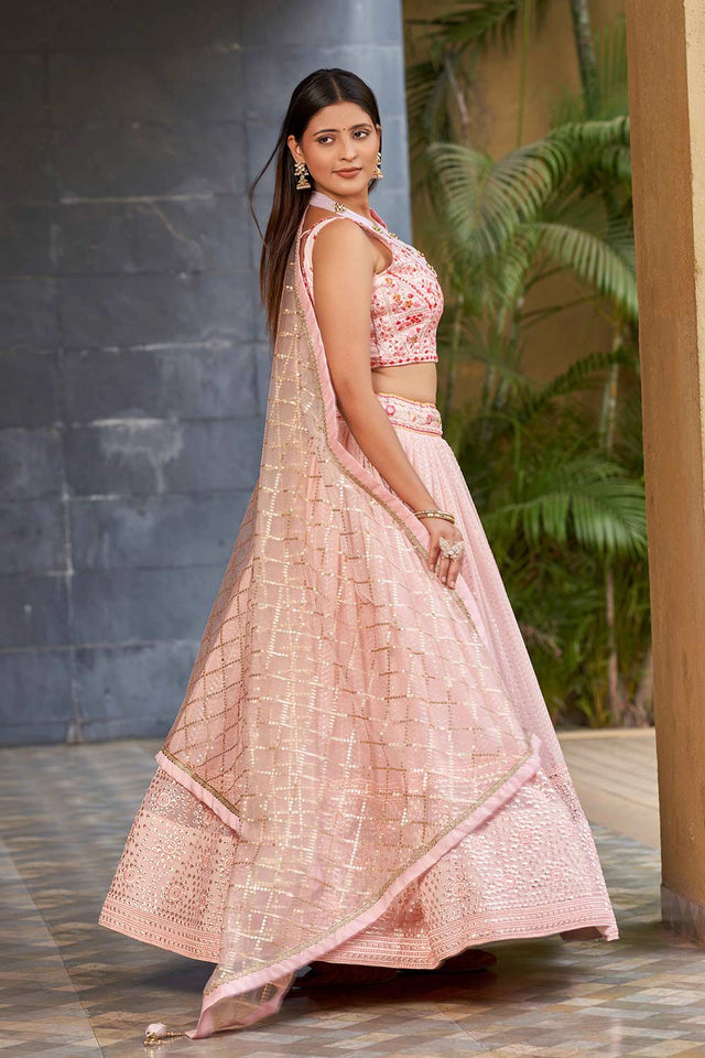 Pink Sequins Georgette Lehenga Choli With Dupatta ('8009)