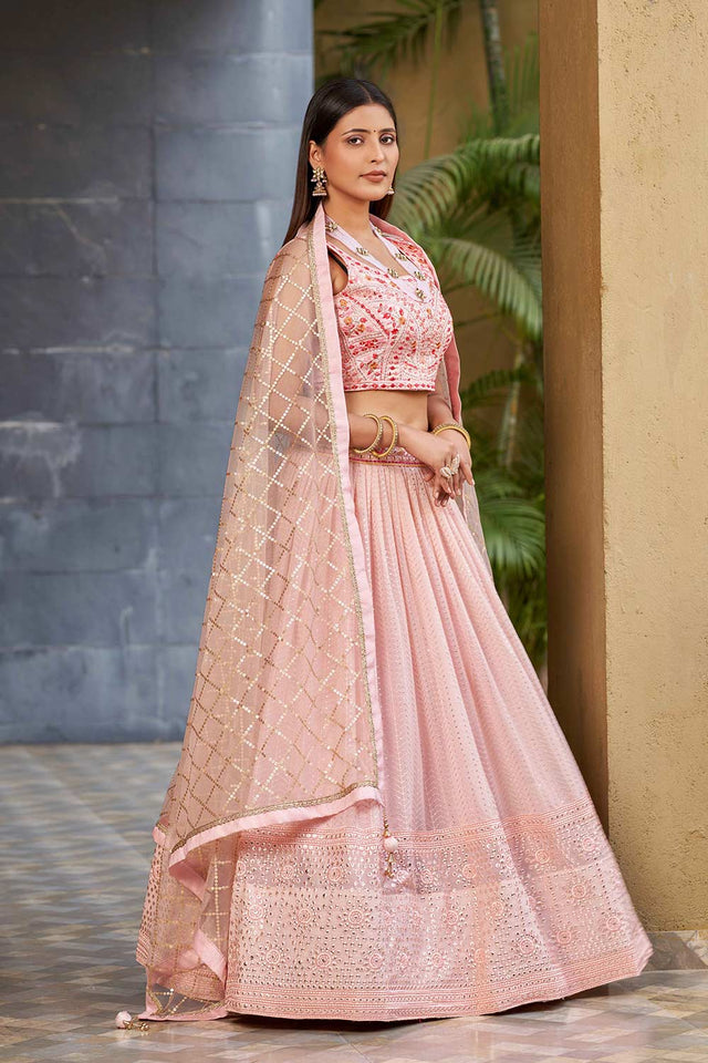 Pink Sequins Georgette Lehenga Choli With Dupatta ('8009)
