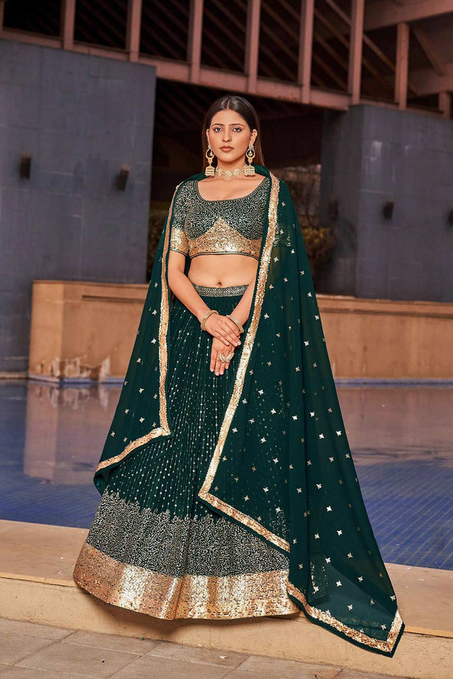 Green Sequins Georgette Lehenga Choli With Dupatta ('8010)