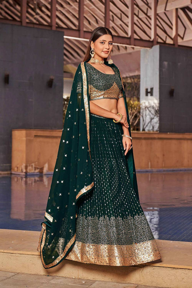 Green Sequins Georgette Lehenga Choli With Dupatta ('8010)