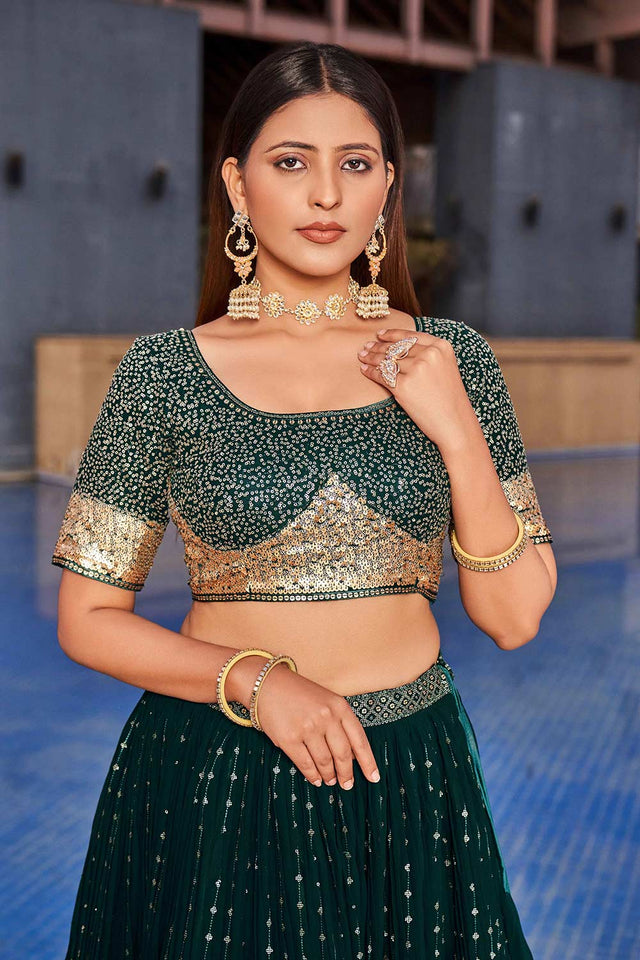 Green Sequins Georgette Lehenga Choli With Dupatta ('8010)