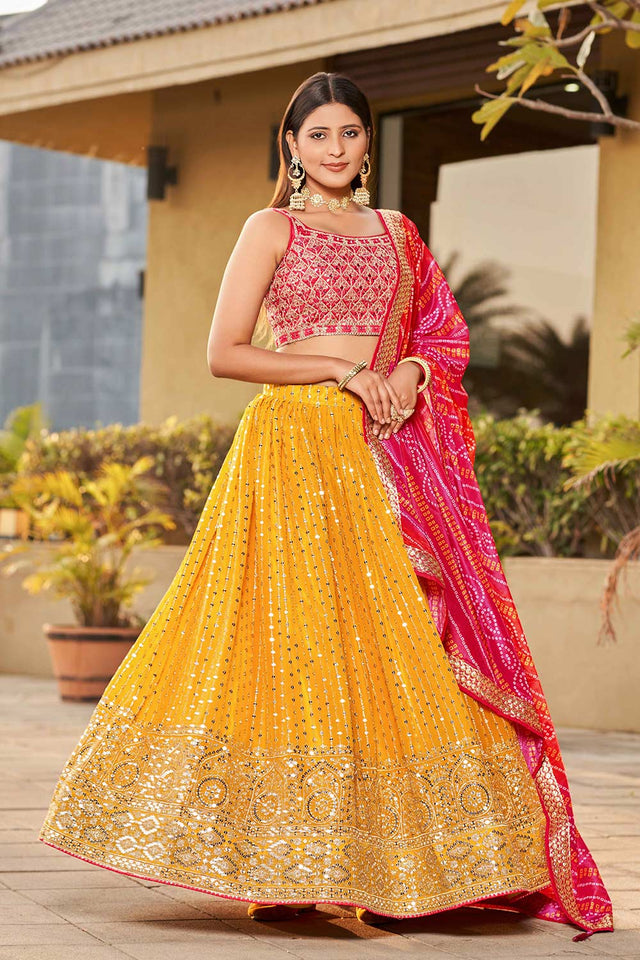 Yellow Sequins Georgette Lehenga Choli With Dupatta ('8011)