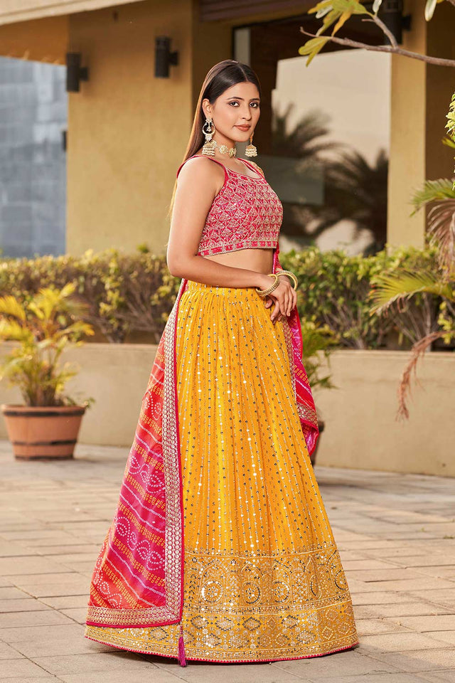 Yellow Sequins Georgette Lehenga Choli With Dupatta ('8011)