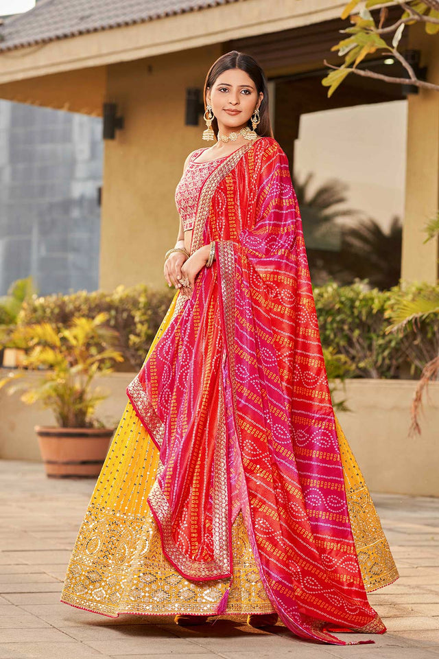 Yellow Sequins Georgette Lehenga Choli With Dupatta ('8011)