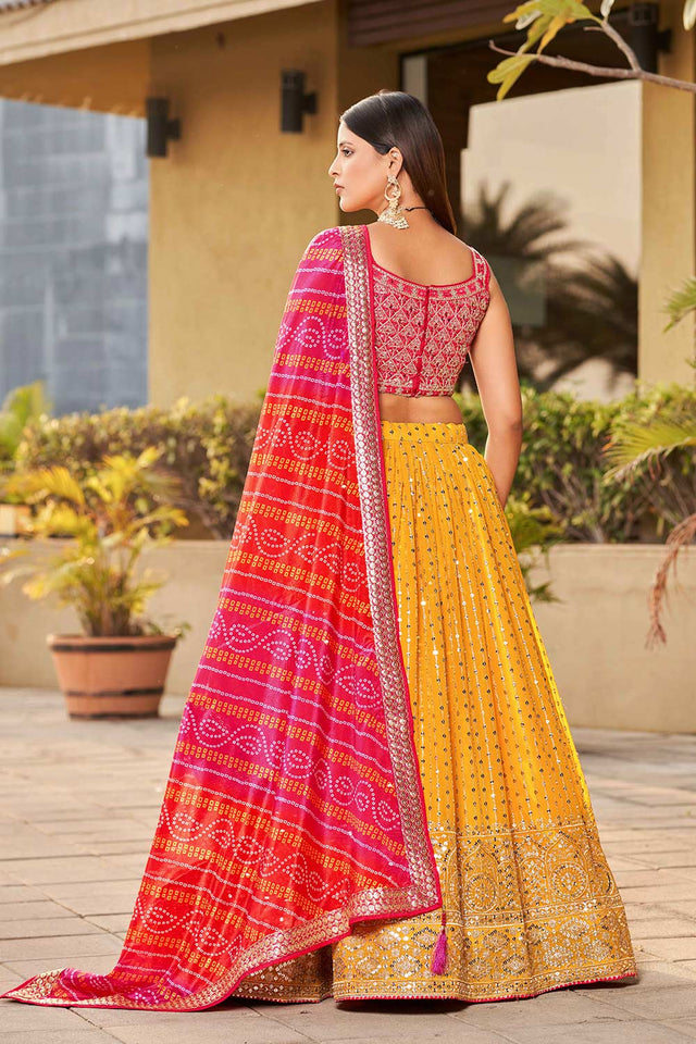 Yellow Sequins Georgette Lehenga Choli With Dupatta ('8011)