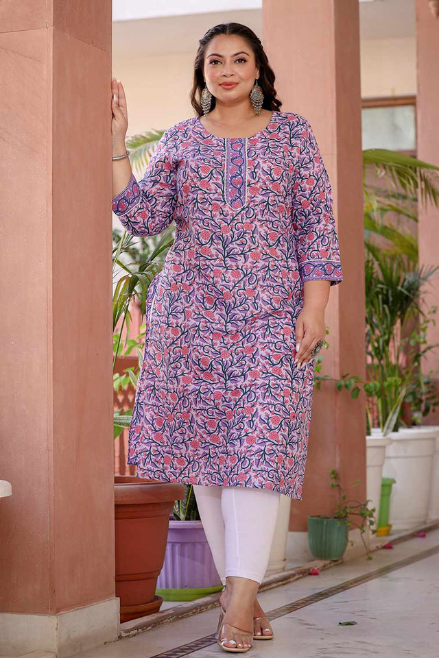 Lavender Floral Print Cotton Long Kurti
