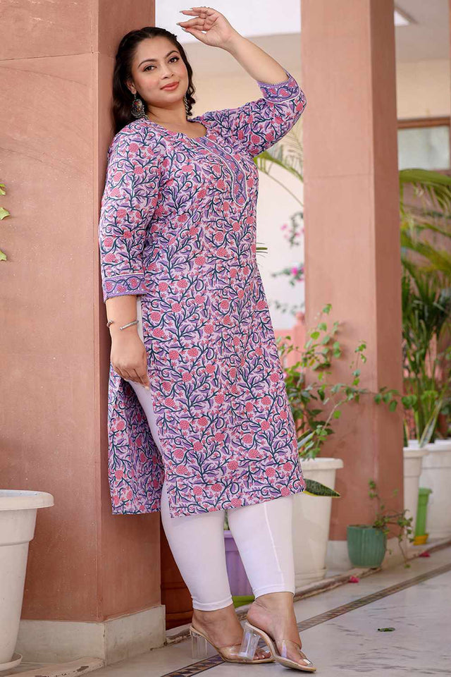 Lavender Floral Print Cotton Long Kurti