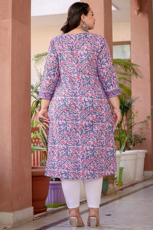 Lavender Floral Print Cotton Long Kurti